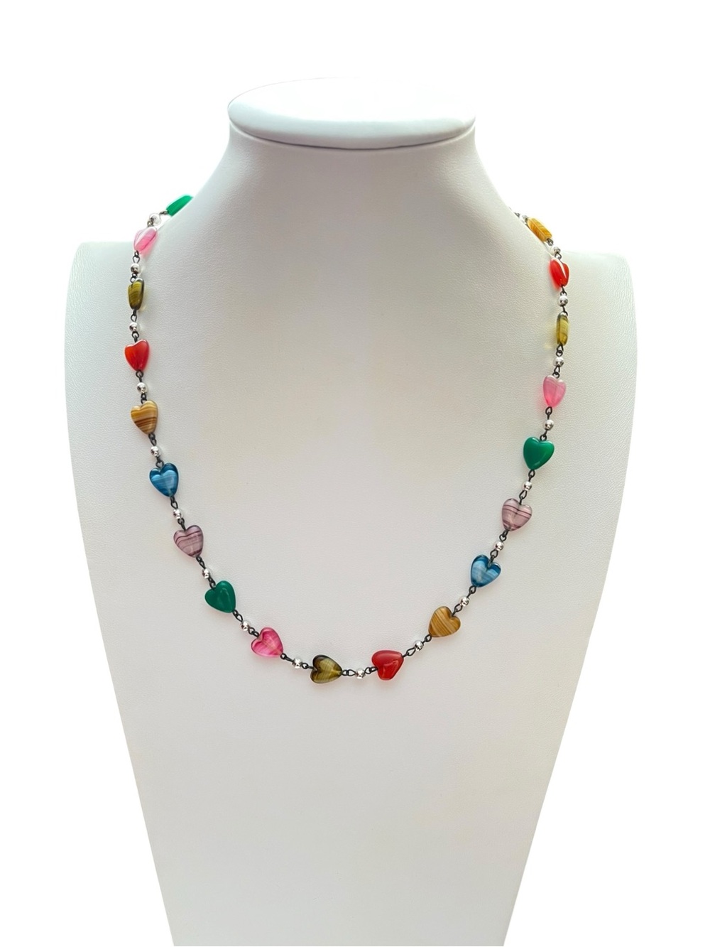 Vintage Heart Gemstone Multicolor Rainbow Brass Chain Necklace